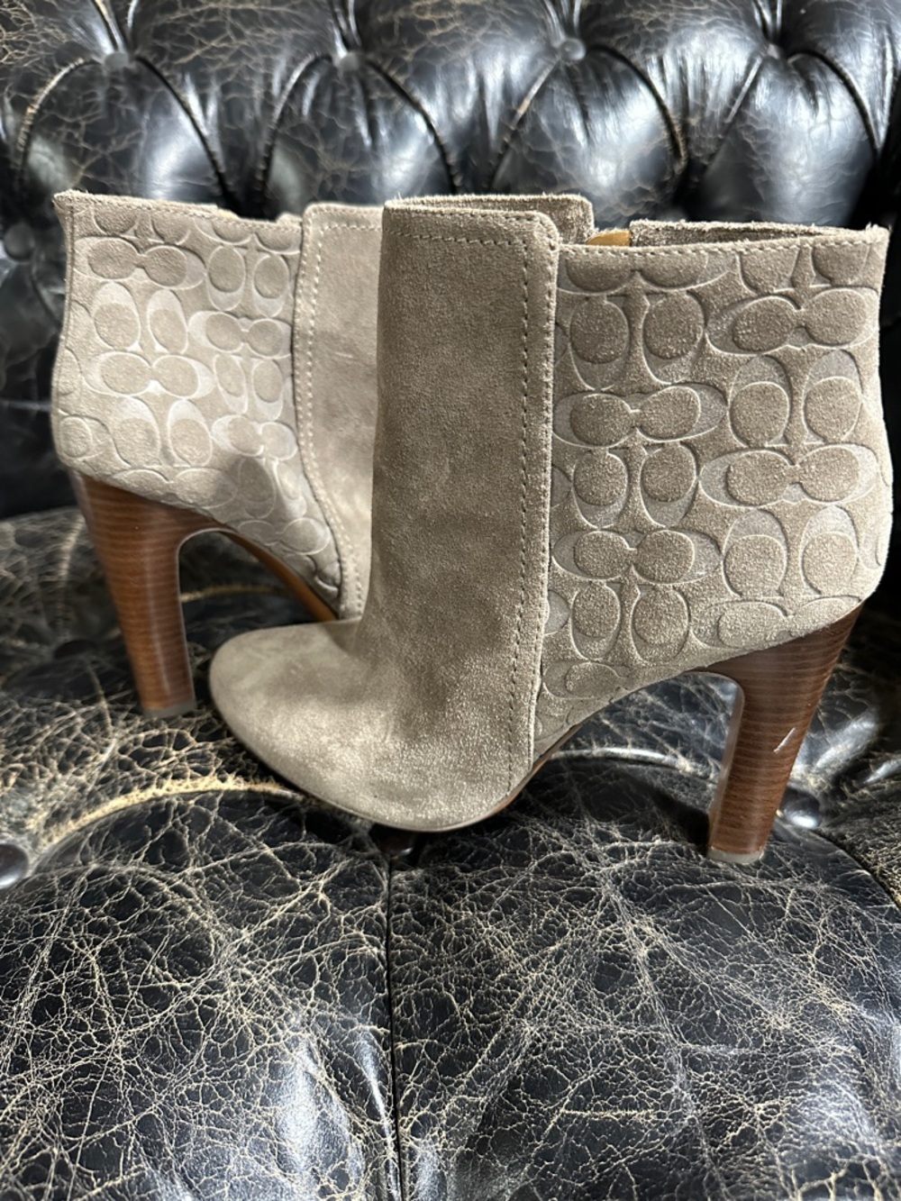 Coach Women's Taupe Suede Ankle Boots with Signature Pattern